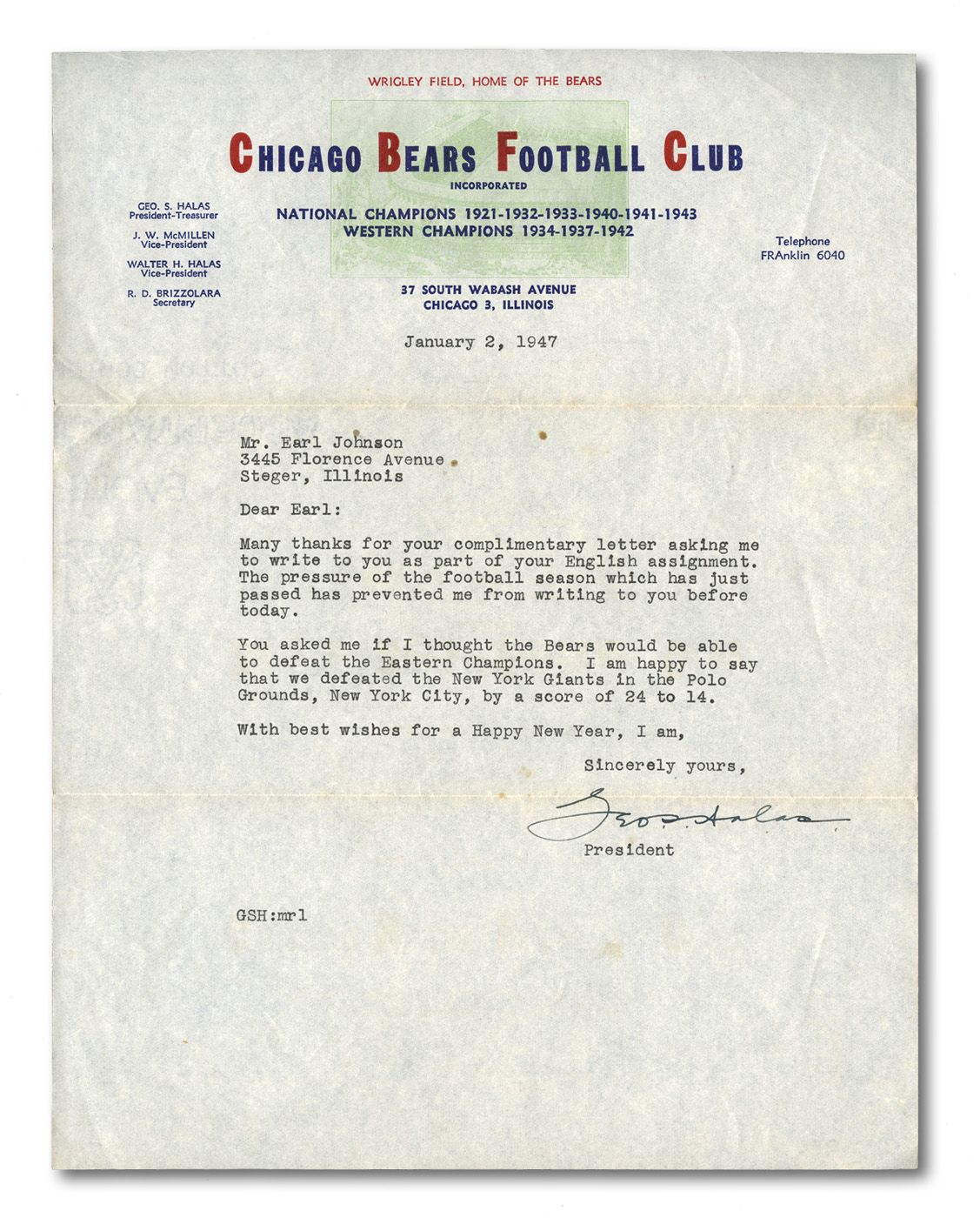 Lot Detail - JANUARY 2, 1947 GEORGE HALAS TYPED SIGNED LETTER ON BEARS  LETTERHEAD WITH FOOTBALL CONTENT