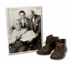 C.1900 JAMES JEFFRIES FIGHT WORN BOXING SHOES WITH LATE IN LIFE PHOTO OF JEFFRIES WITH HELMS HALL FOUNDERS BILL SCHROEDER AND PAUL HELMS (HELMS/LA 84 COLLECTION)