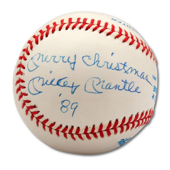 MICKEY MANTLE AUTOGRAPHED AND INSCRIBED "MERRY CHRISTMAS 1989" OAL (BROWN) BASEBALL (SKOWRON FAMILY LOA)