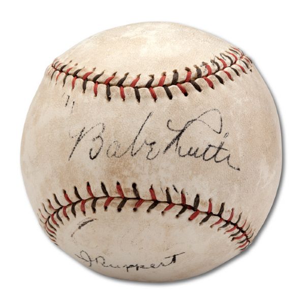 C. EARLY 1930S BABE RUTH, LOU GEHRIG, TONY LAZZERI, EARLE COMBS, JOE MCCARTHY, AND JAKE RUPPERT SIGNED BASEBALL PSA/DNA 4.5