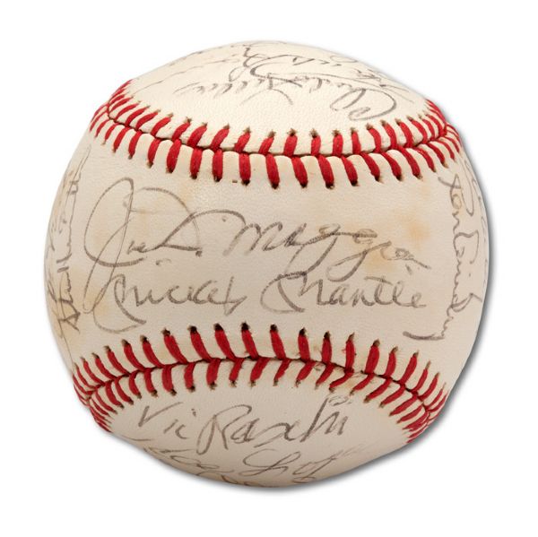 NEW YORK YANKEES OLD TIMERS DAY MULTI SIGNED OAL (BROWN) BASEBALL INCLUDING MANTLE (SS), DIMAGGIO (SS) AND MARIS (SKOWRON FAMILY LOA)