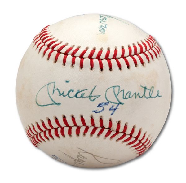 ROGER MARIS, MICKEY MANTLE AND BILL "MOOSE" SKOWRON TRIPLE SIGNED BASEBALL - NOTATED WITH EACH PLAYERS 1961 HOME RUN TOTAL (SKOWRON FAMILY LOA)