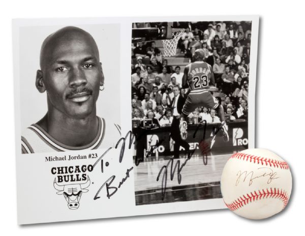 MICHAEL JORDAN SIGNED OAL (BROWN) BASEBALL AND SIGNED CHICAGO BULLS THEMED 8 X 10 PHOTO PERSONALIZED "TO MOOSE" (SKOWRON FAMILY LOA)