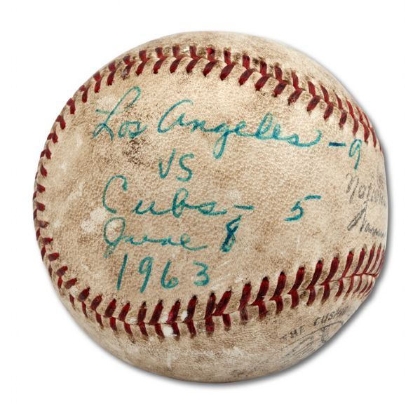 6/8/1963 LOS ANGELES DODGERS @ CHICAGO CUBS GAME USED ONL (GILES) BASEBALL NOTATED WITH FINAL SCORE (DODGERS WON 9-5) AND DATE (SKOWRON FAMILY LOA)