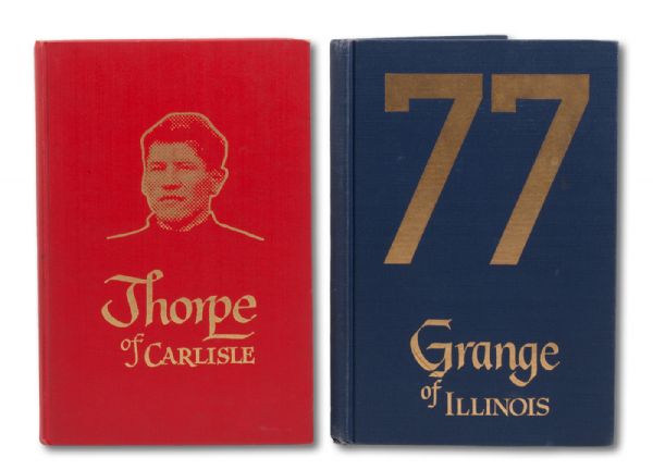 1954 THORPE OF CARLISE AND 1955 GRANGE OF ILLINOIS HINKLEY & SCHMITT BOOKS SIGNED BY A TOTAL OF 19 COLLEGE FOOTBALL GREATS INC. GRANGE 3 TIMES 