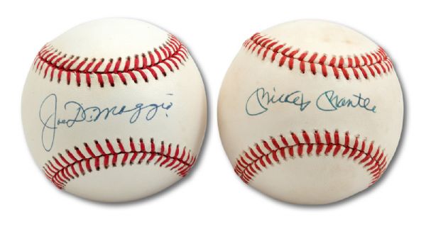MICKEY MANTLE AND JOE DIMAGGIO MATCHING PAIR OF SINGLE SIGNED OAL (BROWN) BASEBALLS