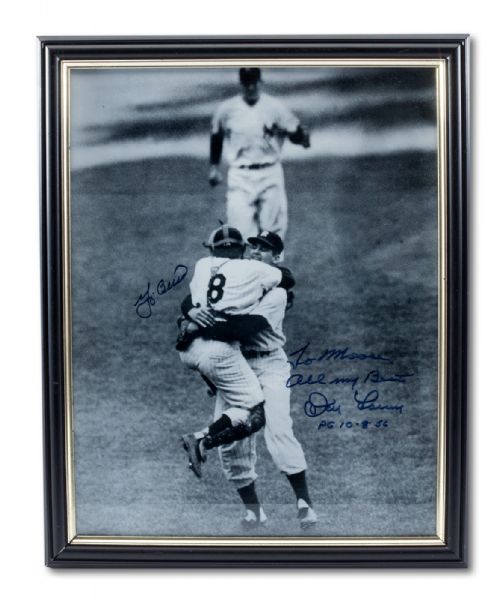 YOGI BERRA AND DON LARSEN DUAL SIGNED & INSCRIBED "10/8/1956 PERFECT GAME" 11 X 14 FRAMED IMAGE PERSONALIZED TO "MOOSE" (SKOWRON FAMILY LOA)