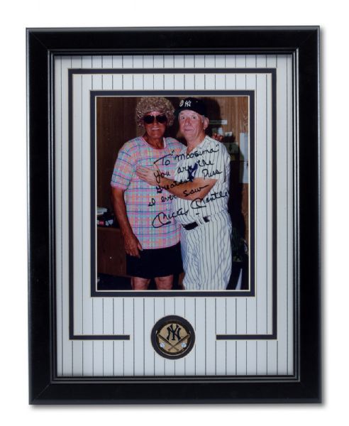 MICKEY MANTLE AUTOGRAPHED 14 X 18 FRAMED PHOTO (WITH SKOWRON) PERSONALIZED WITH COMICAL MESSAGE TO "MOOSIMA" (SKOWRON FAMILY LOA)