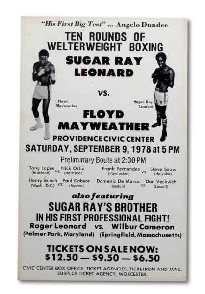 SEPTEMBER 9, 1978 SUGAR RAY LEONARD VS FLOYD MAYWEATHER WELTERWEIGHT BOXING FIGHT PROVIDENCE CIVIC CENTER ON SITE POSTER