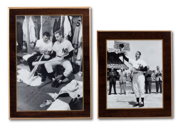 PAIR OF JOE DIMAGGIO AUTOGRAPHED BLACK & WHITE PHOTOS (10 X 12 AND 11 X 15, LAMINATED ON WOOD) PERSONALIZED TO "MOOSE" AND "MUSCLES" (SKOWRON FAMILY LOA)
