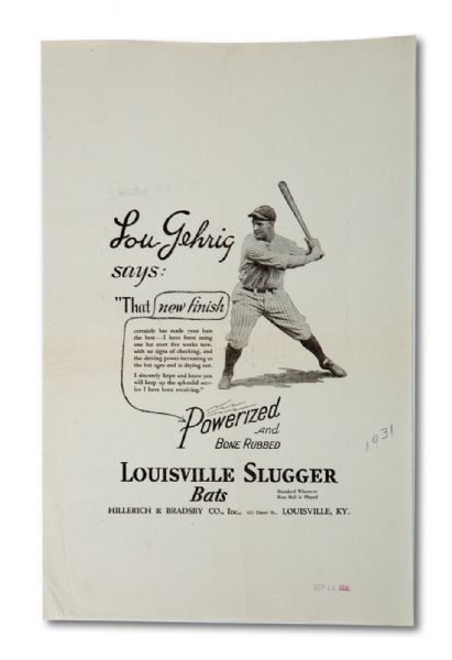 C. 1931 LOU GEHRIG LOUISVILLE SLUGGER 11 BY 17 ADVERTISING PIECE