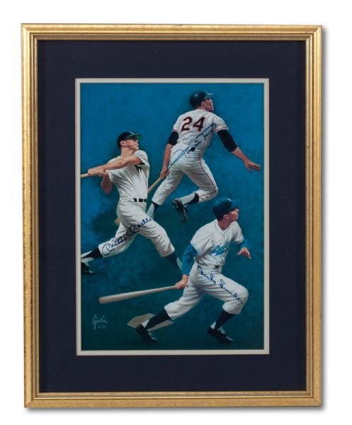 BEAUTIFUL MICKEY MANTLE, WILLIE MAYS AND DUKE SNIDER TRIPLE SIGNED 18 X 23 RUDY GARCIA LITHOGRAPH (SKOWRON FAMILY LOA)