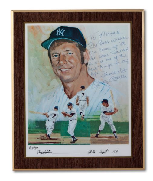 MICKEY MANTLE AUTOGRAPHED 14 X 17 ART COLLAGE (LAMINATED ON WOOD) WITH HEARTFELT MESSAGE TO HIS DEAR FRIEND "MOOSE" (SKOWRON FAMILY LOA)