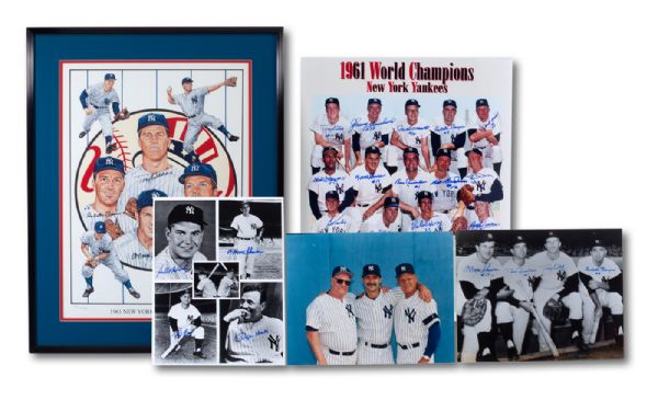 LOT OF (4) 1961 NEW YORK YANKEES WORLD CHAMPIONS REUNION MULTI-SIGNED PRINTS & PHOTOS INCLUDING 22 X 28 FRAMED YANKEE INFIELD AND (3) SMALLER FLATS (SKOWRON FAMILY LOA)