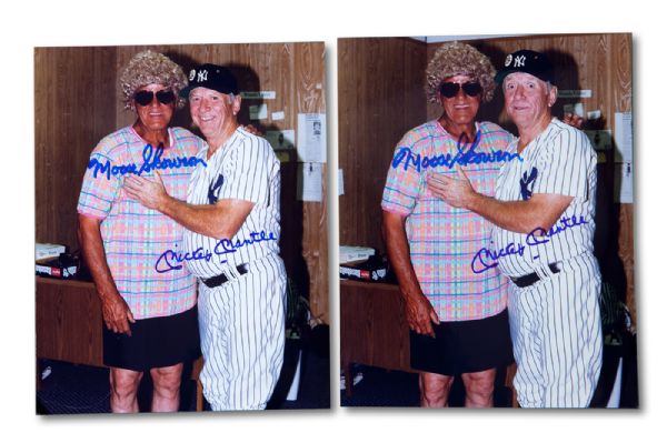 LOT OF (2) MICKEY MANTLE AND BILL "MOOSE" SKOWRON DUAL SIGNED 8 X 10 COMICAL PHOTOS INCLUDING 2 UNSIGNED COLOR COPIES (SKOWRON FAMILY LOA)