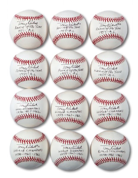 LOT OF (12) TONY KUBEK SINGLE SIGNED & INSCRIBED OML (SELIG) SNOW WHITE BASEBALLS, SIX WITH "ROOKIE OF THE YEAR 1957 - A.L." AND SIX WITH "WORLD CHAMPIONS 1958 - 1961 - 1962"(SKOWRON FAMILY LOA)