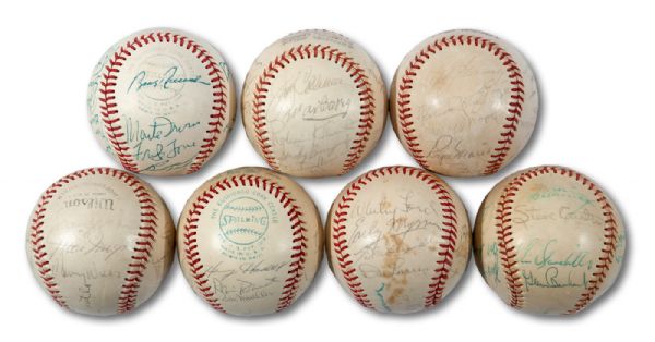 LOT OF (7) OLD TIMERS GAME MOSTLY HOF MULTI SIGNED BASEBALLS INCL. MANTLE, MAYS, DIMAGGIO, MARIS & DEAN (ED CROSBY LOA)