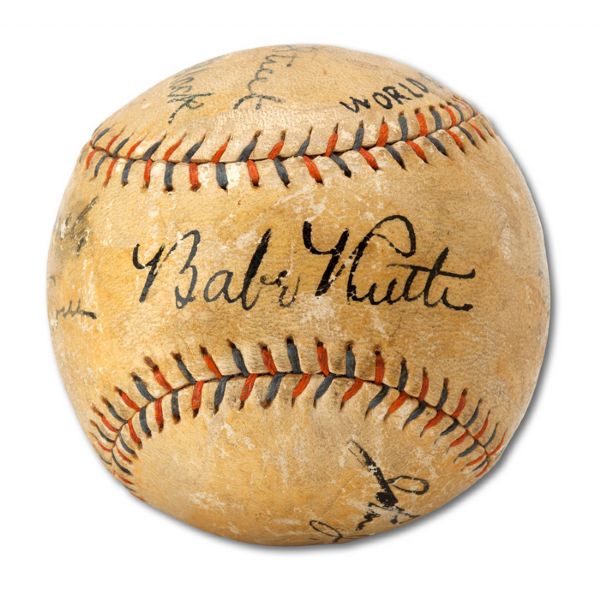 BASEBALL AUTOGRAPHED AT THE 1930 WORLD SERIES BY BABE RUTH, JOHN MCGRAW, CONNIE MACK AND OTHER MEMBERS OF CHRISTY WALSH SYNDICATE
