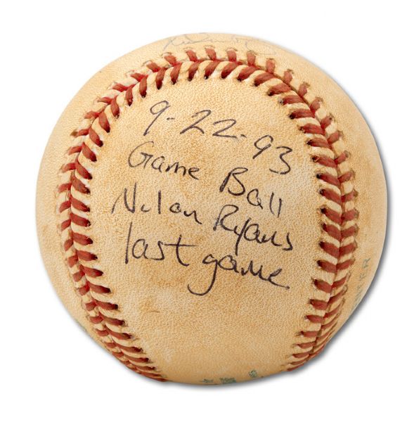 NOLAN RYAN AUTOGRAPHED GAME USED BASEBALL FROM HIS FINAL GAME ON 9/22/93 (UMPIRE DURWOOD MERRILL LOA)