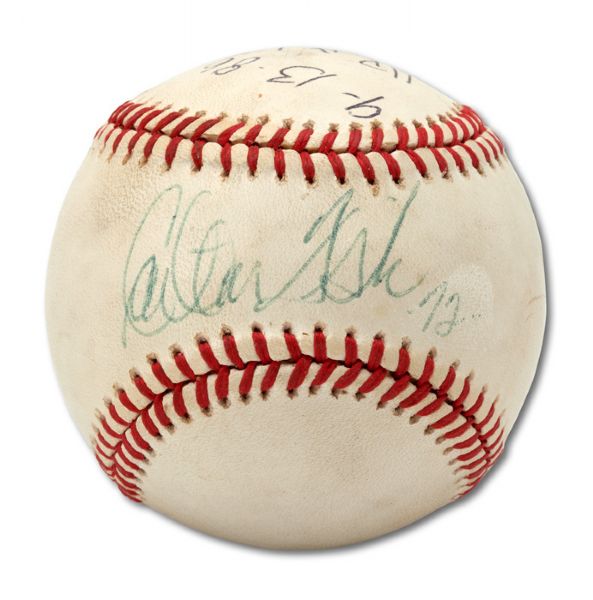 CARLTON FISK AUTOGRAPHED BASEBALL HIT FOR HIS 13TH HOME RUN OF THE 1986 SEASON ON 9/13/86 (UMPIRE DURWOOD MERRILL LOA)