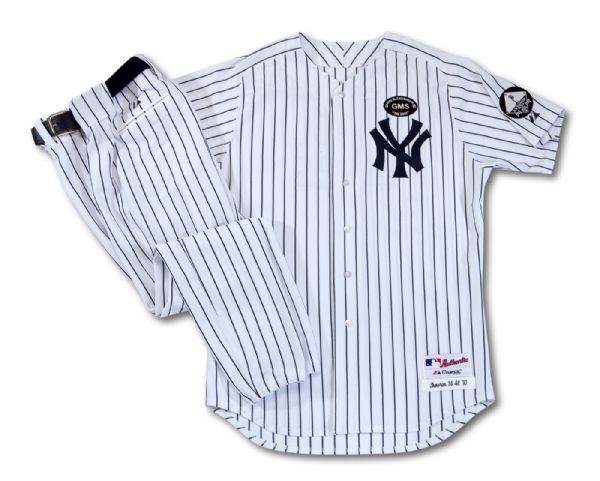 BILL "MOOSE" SKOWRONS 2010 NEW YORK YANKEES OLD TIMERS DAY GAME WORN HOME UNIFORM FEATURING STEINBRENNER AND BOB SHEPHARD MEMORIAL PATCHES (SKOWRON FAMILY LOA)