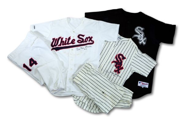 BILL "MOOSE" SKOWRONS SIGNED 1988 CHICAGO WHITE SOX HOME COACHES UNIFORM, SIGNED (1960S STYLE) WHITE SOX THROWBACK UNIFORM, AND SIGNED WHITE SOX BP JERSEY (SKOWRON FAMILY LOA)