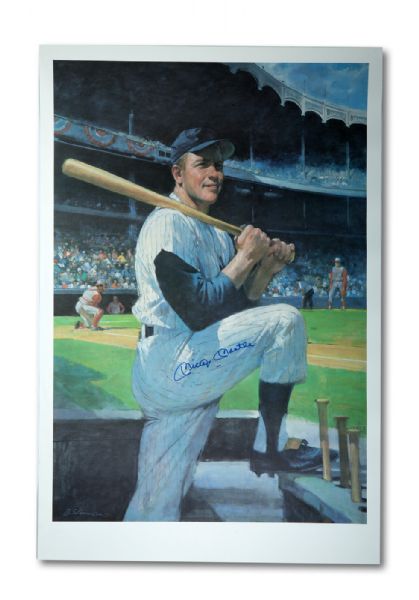 MICKEY MANTLE AUTOGRAPHED LARGE 26 X 38 BURT SILVERMAN LITHOGRAPH - IMAGE USED FOR MANTLE RESTAURANT MENU COVERS (SKOWRON FAMILY LOA)