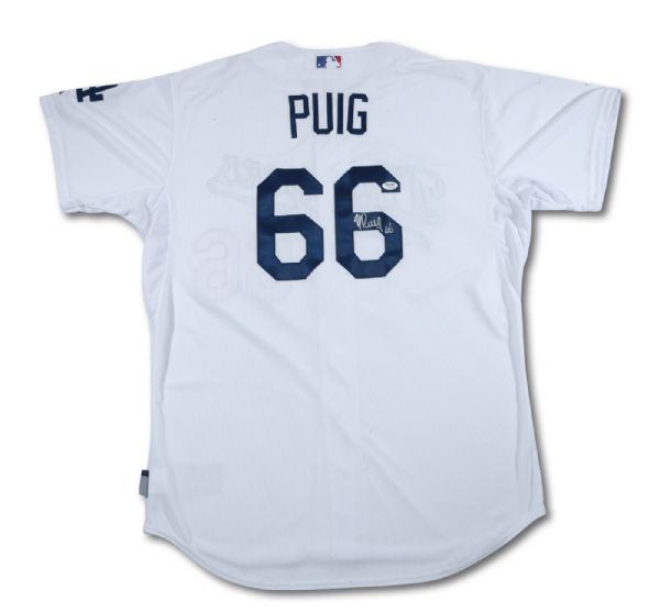 2013 YASIEL PUIG AUTOGRAPHED LOS ANGELES DODGERS GAME WORN HOME JERSEY FROM ROOKIE SEASON 