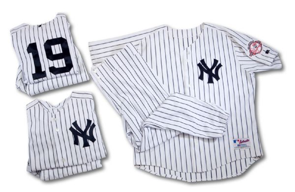 BOB TURLEYS NEW YORK YANKEES HOME PIN STRIPE OLD TIMERS GAME WORN JERSEYS WITH PANTS (TURLEY FAMILY LOA)