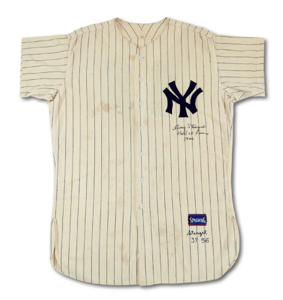 1956 CASEY STENGEL WORLD SERIES GAME WORN AND SIGNED NEW YORK YANKEES HOME JERSEY - PHOTOMATCHED TO GAME 4 AND ALMOST CERTAINLY WORN DURING GAMES 3, 4 AND 5 (DON LARSENS PERFECT GAME)