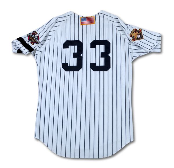 2001 ALFONSO SORIANO NEW YORK YANKEES GAME WORN HOME JERSEY WITH WORLD SERIES PATCH (DELBERT MICKEL COLLECTION)