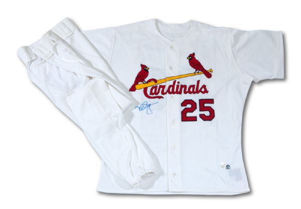 1999 MARK MCGWIRE AUTOGRAPHED ST. LOUIS CARDINALS GAME WORN HOME JERSEY AND PANTS (DELBERT MICKEL COLLECTION)