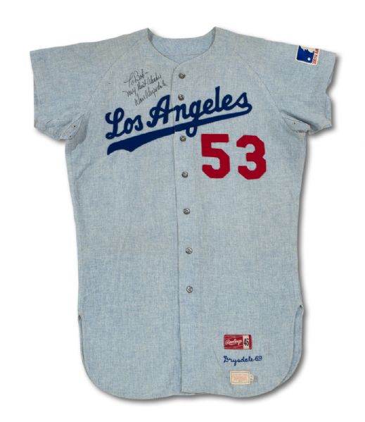 1969 DON DRYSDALE AUTOGRAPHED LOS ANGELES DODGERS (FINAL SEASON) GAME WORN ROAD JERSEY (MEARS A10, DELBERT MICKEL COLLECTION)