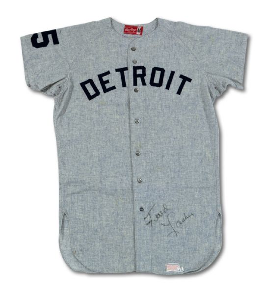 1968 FRED LASHER AUTOGRAPHED DETROIT TIGERS GAME WORN ROAD FLANNEL JERSEY FROM WORLD CHAMPIONSHIP SEASON (TENNEN COLLECTION)