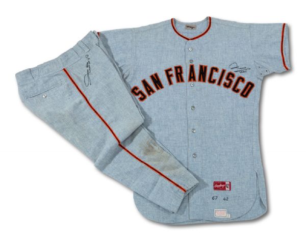 1967 WILLIE MAYS AUTOGRAPHED SAN FRANCISCO GIANTS GAME WORN ROAD JERSEY AND MATCHING AUTOGRAPHED PANTS (MEARS A10, DELBERT MICKEL COLLECTION)