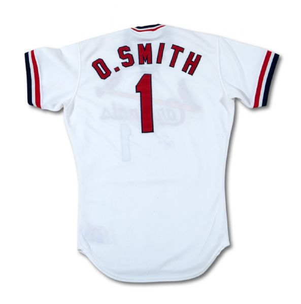 1988 OZZIE SMITH AUTOGRAPHED ST. LOUIS CARDINALS GAME WORN HOME JERSEY (DELBERT MICKEL COLLECTION)