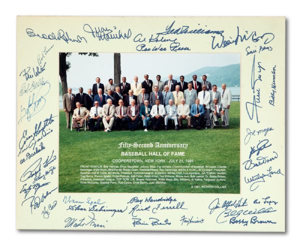 7/21/1991 BASEBALL HALL OF FAME 52ND ANNIVERSARY 16 X 20 MATTED PHOTO SIGNED BY 36 HOF MEMBERS INCL. TED WILLIAMS & WILLIE MAYS (SKOWRON FAMILY LOA)