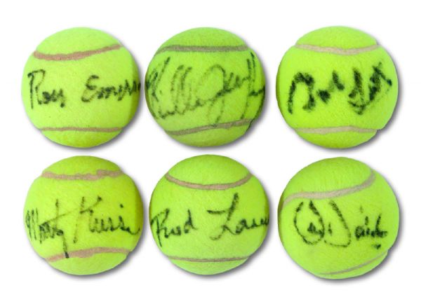 LOT OF (6) TENNIS ALL-TIME GREAT SINGLE SIGNED TENNIS BALLS INCL. BILLY JEAN KING, ROD LAVER AND ROY EMERSON (TENNEN COLLECTION)