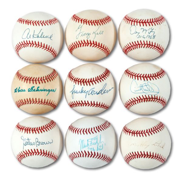 LOT OF (9) DETROIT TIGERS THEMED SINGLE SIGNED BASEBALLS INCL. GEHRINGER, KELL, KALINE, LOLICH, MCLAIN, FIDRYCH, FIELDER & SPARKY (TENNEN COLLECTION)