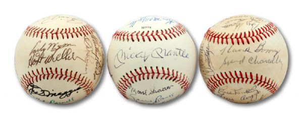 TRIO OF MLB ALL-TIME GREAT REUNION/OT DAY MULTI SIGNED BASEBALLS WITH MANTLE (SS), MARIS AND DIMAGGIO ON SEPARATE BALLS (SKOWRON FAMILY LOA)