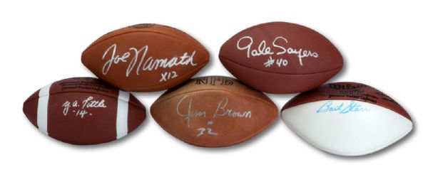 LOT OF (5) PRO FOOTBALL HALL OF FAMER SINGLE SIGNED WILSON FOOTBALLS INCL. JIM BROWN, SAYERS, NAMATH, STARR, & Y.A. TITTLE (TENNEN COLLECTION)