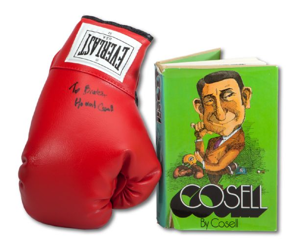 HOWARD COSELL SIGNED EVERLAST BOXING GLOVE AND SIGNED FIRST EDITION HARDCOVER COPY OF "COSELL" AUTOBIOGRAPHY (TENNEN COLLECTION)