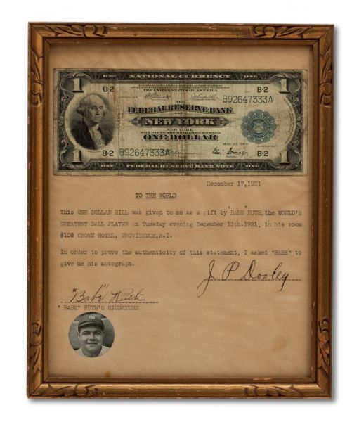 UNIQUE DECEMBER 13, 1921 "BABE" RUTH AUTOGRAPH AND $1 BILL RUTH TIPPED HOTEL BELLBOY - DATE & STORY PERFECTLY NOTATED & FRAMED