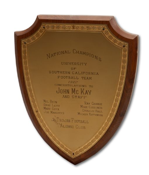 1962 USC TROJANS FOOTBALL NATIONAL CHAMPIONSHIP AWARD PLAQUE PRESENTED TO COACH JOHN MCKAY (NSM COLLECTION)