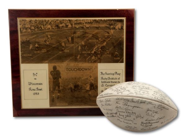 1952 USC GAME USED FOOTBALL SIGNED BY (PCC CHAMPION/1953 ROSE BOWL CHAMPION) USC TROJANS TEAM WITH 1953 ROSE BOWL PLAQUE COMMEMORATING GAME WINNING PLAY (NSM COLLECTION)