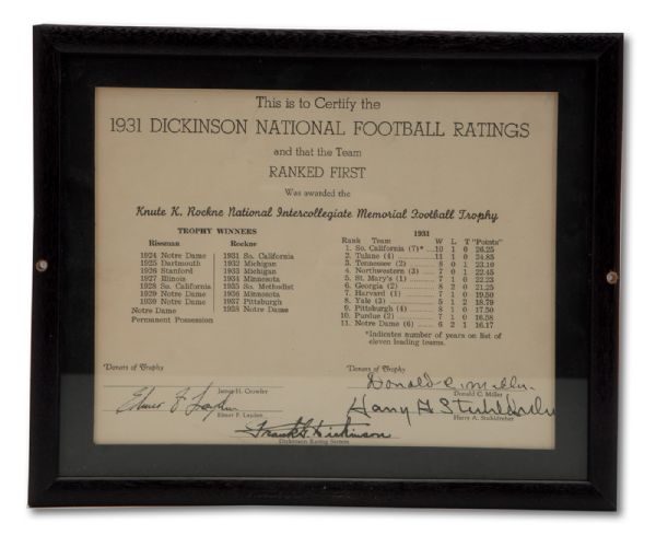 1931 USC CERTIFICATE OF RECOGNITION FOR WINNING THE KNUTE K. ROCKNE MEMORIAL FOOTBALL TROPHY SIGNED BY THREE OF THE FAMED NOTRE DAME FOUR HORSEMAN - LAYDEN, MILLER AND STUHLDREHER (NSM COLLECTION)