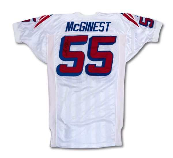 1998 WILLIE MCGINEST AUTOGRAPHED NEW ENGLAND PATRIOTS GAME WORN JERSEY - MANY TEAM REPAIRS (NSM COLLECTION)