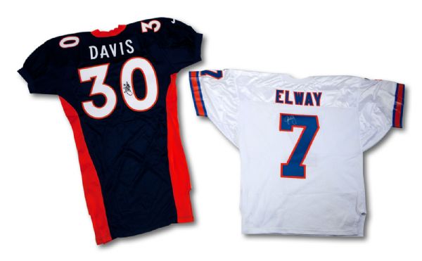 DENVER BRONCOS PAIR OF JOHN ELWAY AND TERRELL DAVIS AUTOGRAPHED JERSEYS WITH SUPER BOWL XXXII & XXXIII PATCHES (ZWEIGLE COLLECTION)