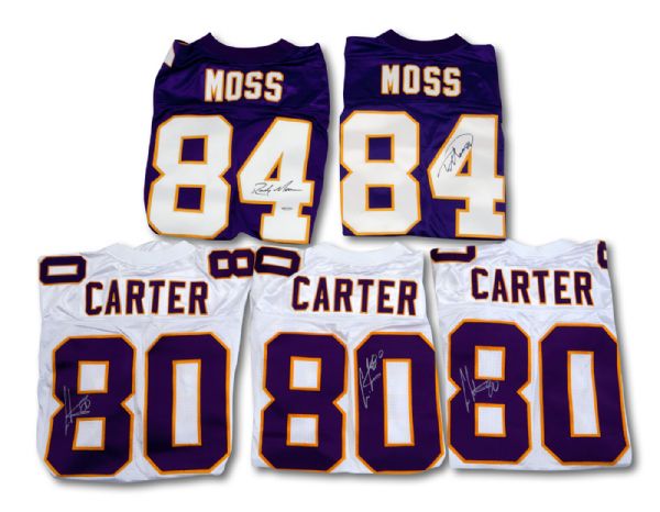MINNESOTA VIKINGS GROUP OF (3) CRIS CARTER AND (2) RANDY MOSS AUTOGRAPHED REPLICA JERSEYS (ZWEIGLE COLLECTION)