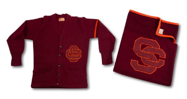 MARV GOUXS C.1952 USC FOOTBALL LETTERMANS SWEATER AND WOOL BLANKET (NSM COLLECTION)